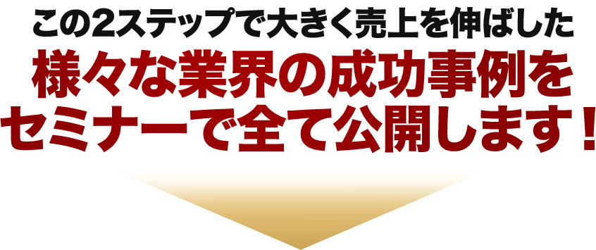 この２ステップで大きく売上を伸ばした様々な業界の成功事例をセミナーで全て公開します！
